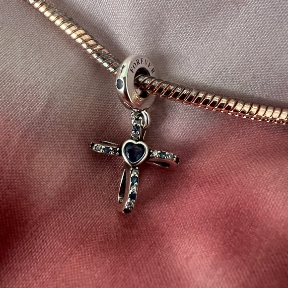 Silver & Blue Sparkle Dangle Cross Charm For Pandora Braclets - Picture 4 of 5